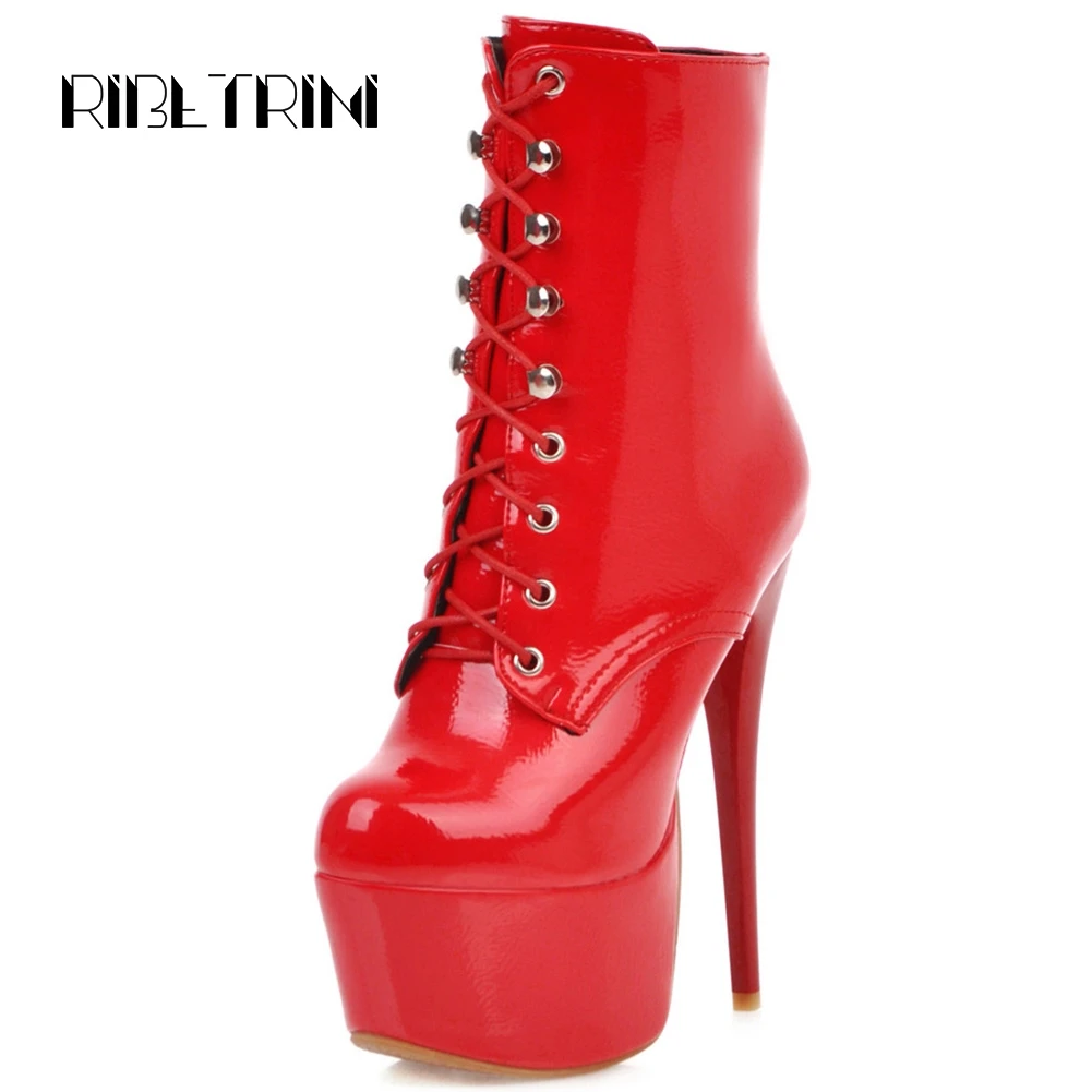 

RIBETRINI Sexy Women Patent Leather Boots 2019 Ultra High Heels Platform Autumn Winter Shoes Woman Lace Up Mid Calf Bots Size 48