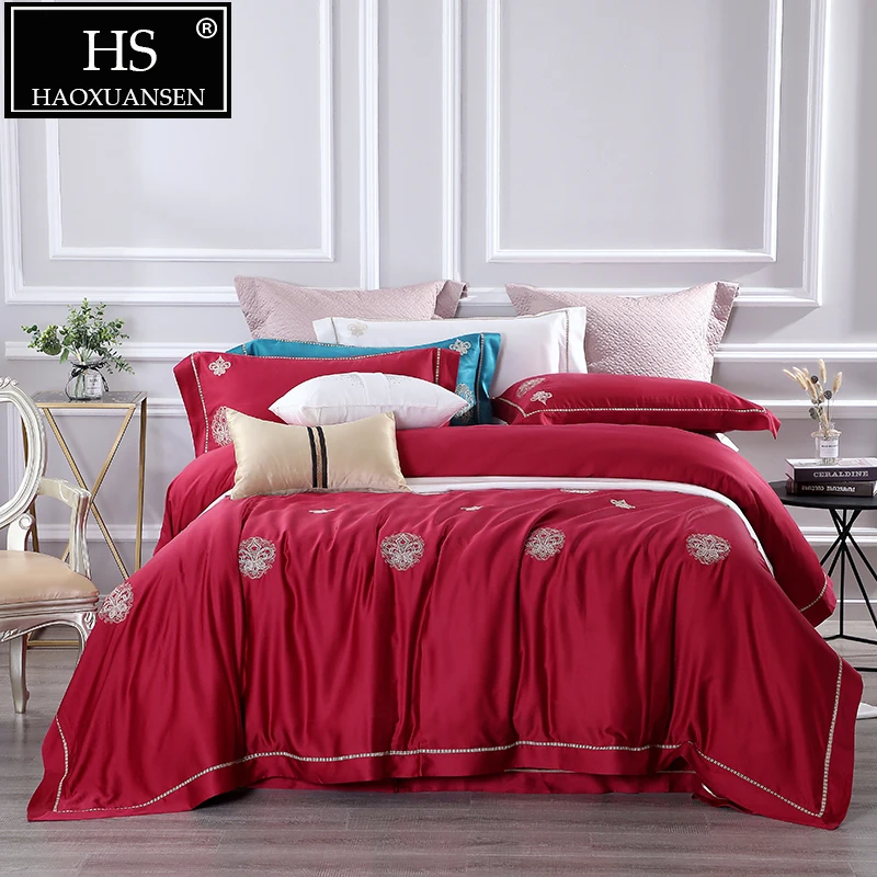 High-end Red Embroidery 4 Piece Bedding Sets 100% Tencel Lyocell Natural Organic Silky Soft Duvet Cover Set Queen King Size | Дом и сад