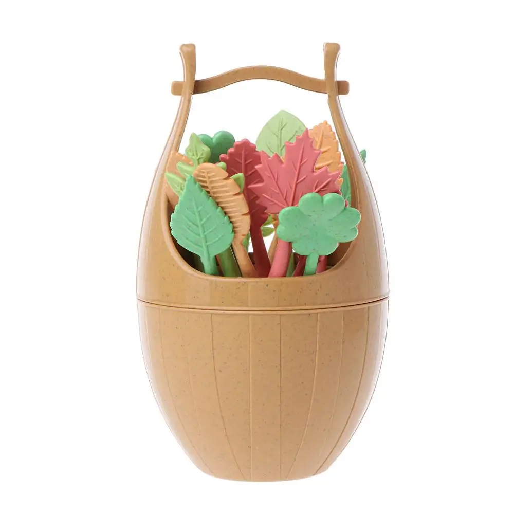 

16Pcs/Set Nordic Style Wheat Straw Barrel Leaves Fruit Fork Cake Dessert Picks Skewers Sandwich Toothpick Wedding Party Decor