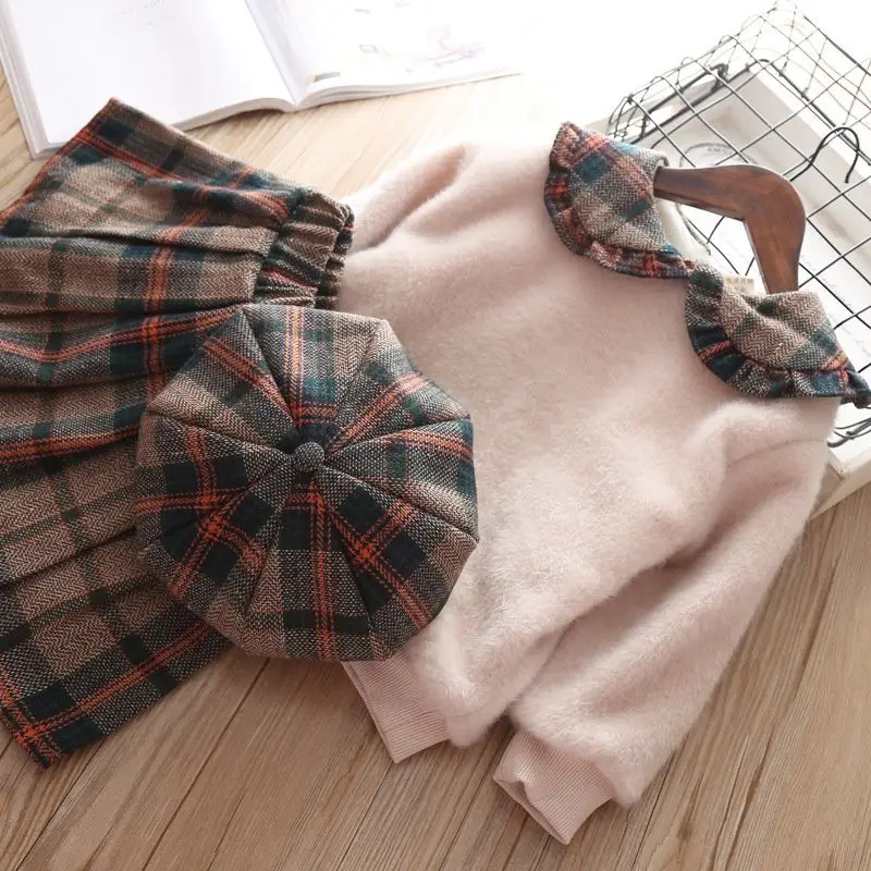 Комплекты одежды для маленьких девочек 2, 3, 4, 5, 6 лет, осенне-зимние Утепленные свитера, модная Корейская клетчатая юбка, шапка, костюм из 3 предметов для маленьких девочек