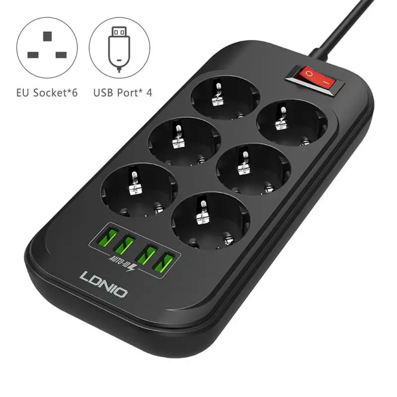 LDNIO EU Plug Smart Socket Black Power Strip 3.4A 4 USB Charger Adapter