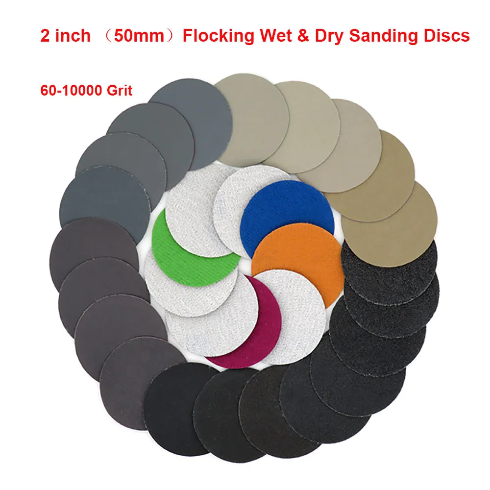 50mm 2" Hook and Loop Sanding Disc 60-10000 Grit Wet or Dry Sandpaper Pads 10pcs