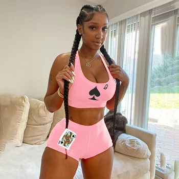 

ZOOEFFBB Summer Sleeveless Explosion Sexy Nightclub Two Piece Set Women Poker Print Vest Shorts Temperament Two Piece Outfits