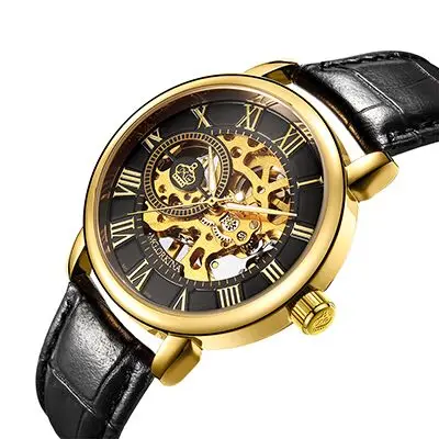Leather Gold Black Classic Men Automatic Mechanical Watches Fashion Top Brand Luxury Manual Winding Leather Watch Skeleton Sport male Wristwatch - Цвет: Leather Gold Black