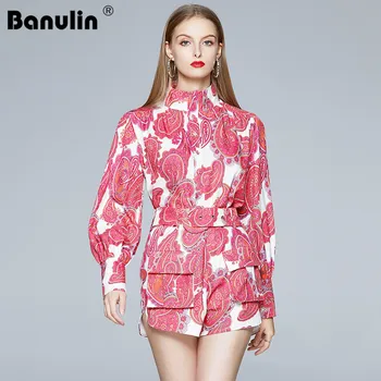 

Banulin Summer Runway Two Pieces Short Suit High Quality Fashion Designer Vintage Print Lantern Sleeve Shirt＋Casual Shorts Set