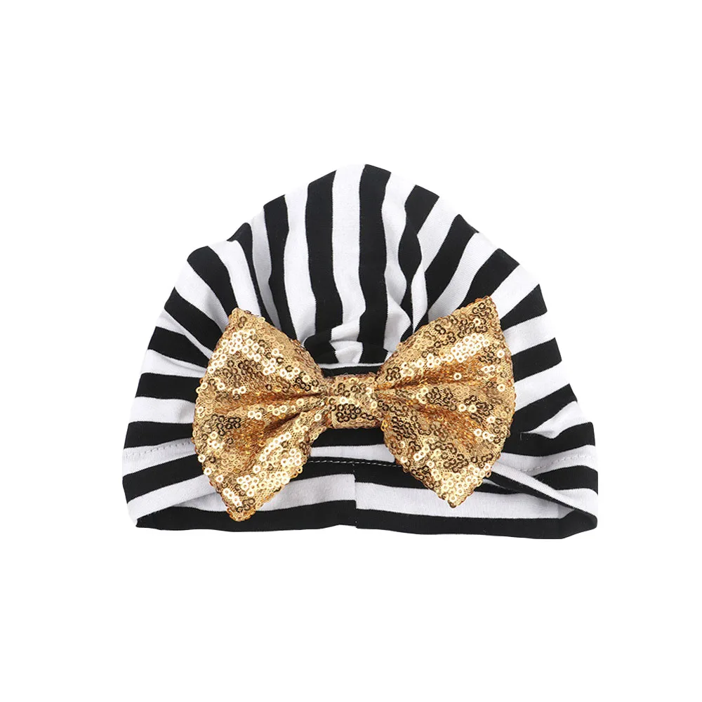 Мягкая эластичная шапочка для маленьких девочек; Милая блестящая чалма с бантиком; шапка; TOSYS0312 - Color: Stripe