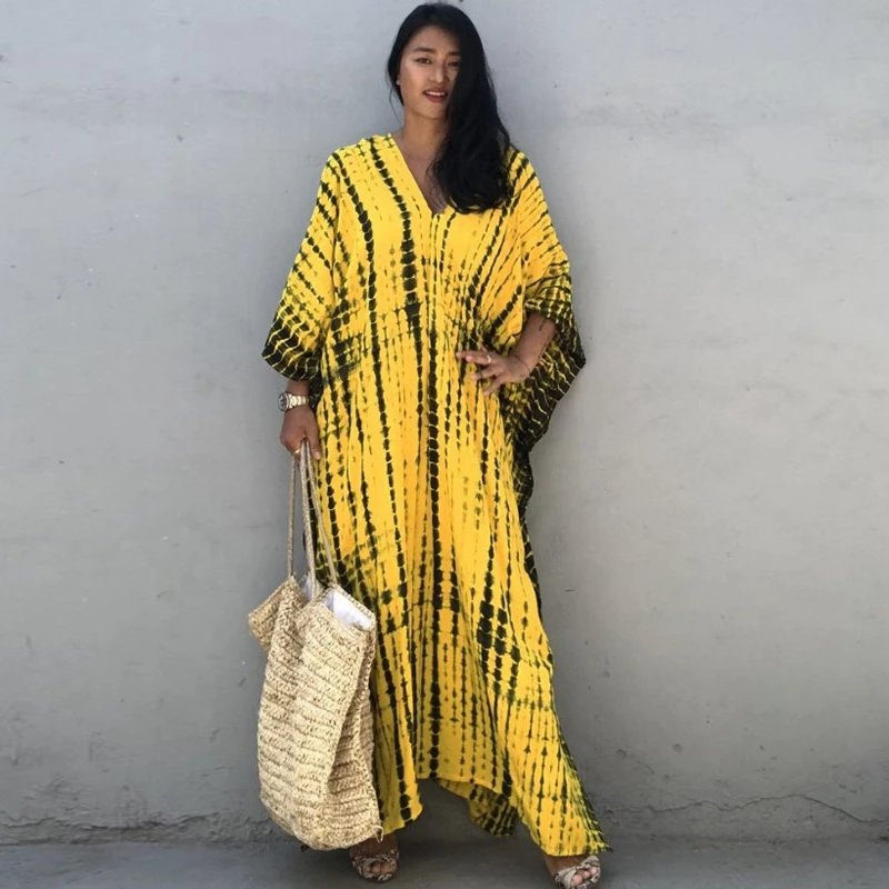 Kiran Fashion Dames 100% katoen lange kaftan jurk zomer Dashiki Afrikaanse print één maat losse wijd uitlopende stijl strandjurk, Zwart, one size