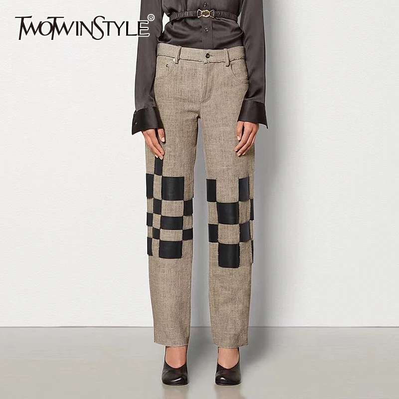 

TWOTWINSTYLE Patchwork Hit Color Women' Pants High Waist Pocket Straight Trousers Female 2019 Autumn Large Size Fashion New