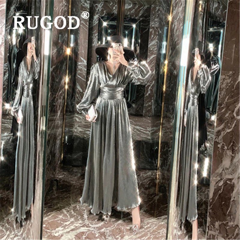 RUGOD/женские вечерние платья для офиса, длинное сексуальное платье с v-образным вырезом и рукавами-фонариками, трапециевидные женские платья макси vestidos, элегантные платья auturm