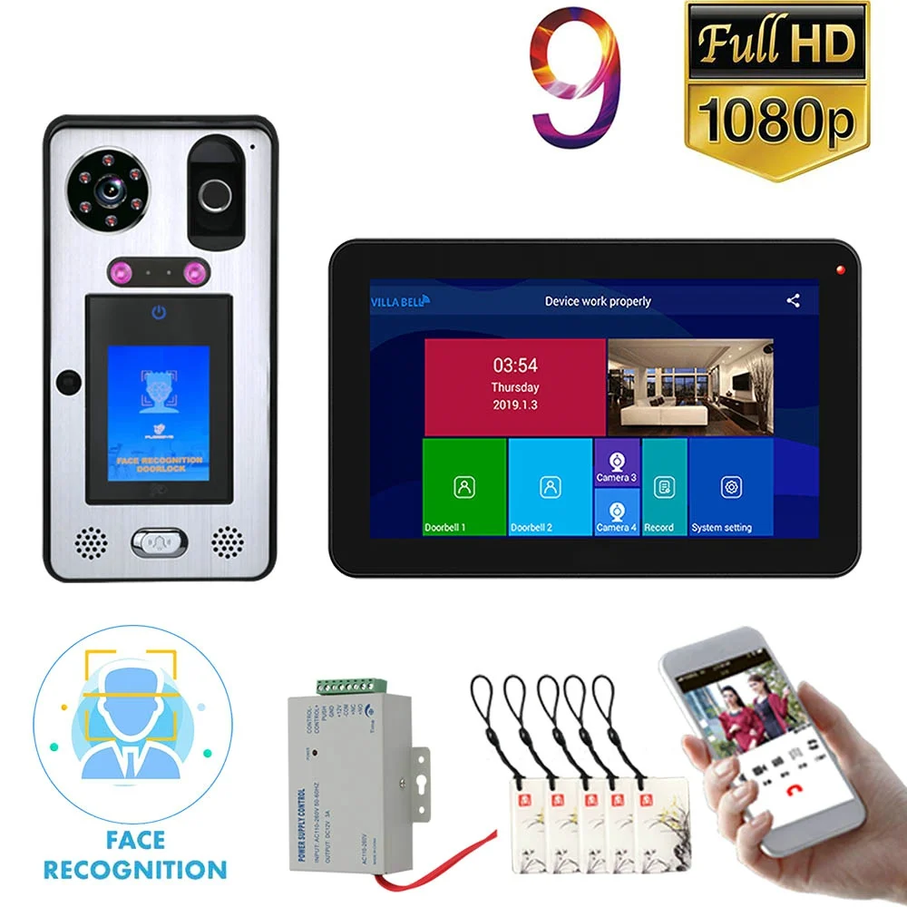 buy 9 inch Wifi Wireless Face Recognition Fingerprint IC Video Door Phone Doorbell Intercom System with Wired 1080P Camera