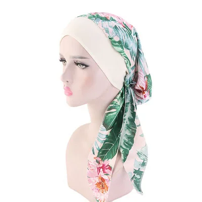 Muslim Women Print Cotton Turban Hat Headscarves Pre-Tied Cancer Chemo Headwear Bandanas Headwrap Caps Green Leaf