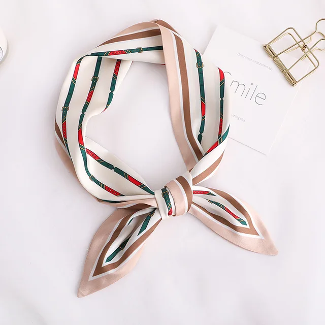 Sweet Love Print Women Small Silk Scarf Handle Bag Ribbons Female Head Scarves Sharp angle Green 90*10cm 61