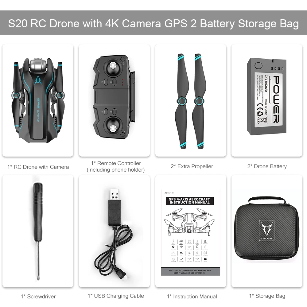 Blue 2B Bag Радиоуправляемый Дрон S20 с камерой 4K Дрон 2,4G Радиоуправляемый квадрокоптер траектория полета пальмовое управление MV производственная игрушка с дистанционным управлением для детей - Цвет: Blue 2B Bag