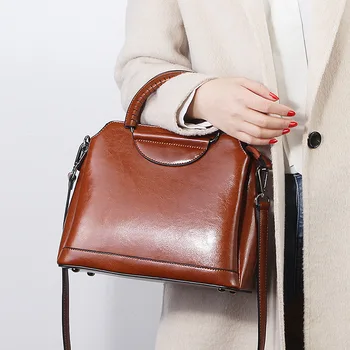 

2020 new fashion leather female bag oil wax cowhide semicircle ladies handbag one shoulder diagonal bag