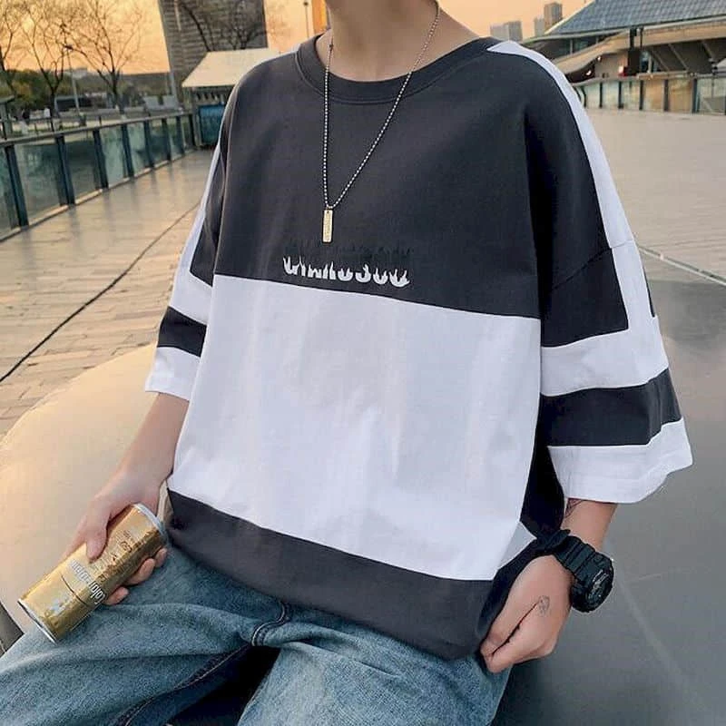 Camiseta de manga corta algodón para hombres, estudiantes, tendencia coreana suelta, ropa juvenil, manga de cinco puntos|Camisetas| - AliExpress
