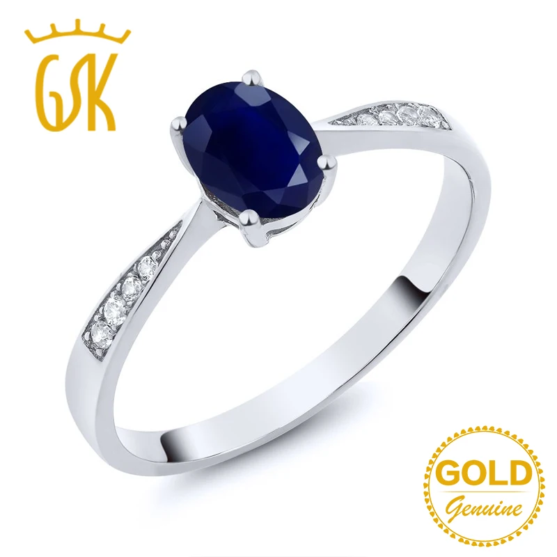 GemStoneKing 1 08 Ctw Натуральный Синий сапфир и бриллиант 10K белое золото обручальные