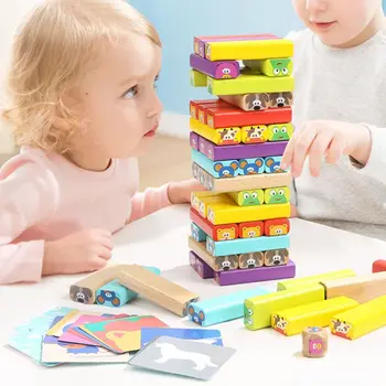 

4 In 1 Kids Children Wooden Tumble Tower Stacking Game Puzzle Building Blocks with Colorful Animal Print Educational Toy