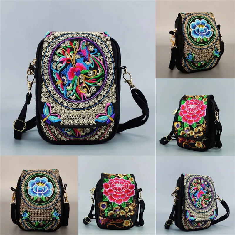 

Vintage Women Shoulder Bag Mini Embroidered Travel Pouch Chinese National Floral Crossbody Zip Bag Tote Messenger