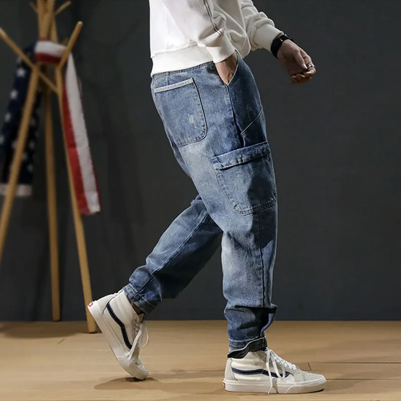 80% OFF Japanese Fashion Men Jeans Blue Color Loose Fit Big Pocket Denim Cargo Pants Harem Trousers Size S-5XL Hip Hop Joggers Jeans Men