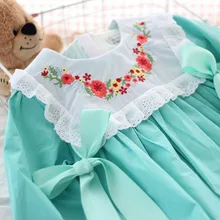 Осень, Новое Стильное милое классическое кружевное платье в винтажном стиле детские платья средней длины с бантом и вышивкой для девочек