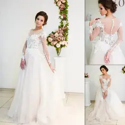 Легкий кремовый цвет Свадебные платья с длинными рукавами 2019 vestido de novia Аппликация Кружевное Свадебное платье Линия прозрачное свадебное