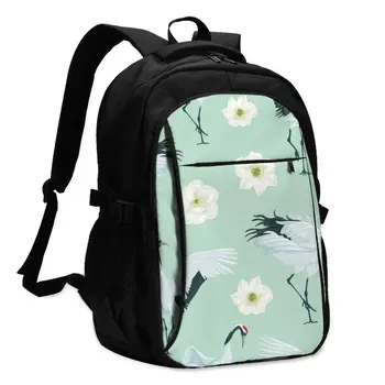 

Backpack USB Charge Women Cranes And Flowers Student Backpack Letters Print School Bag Teenager Girls Backpack
