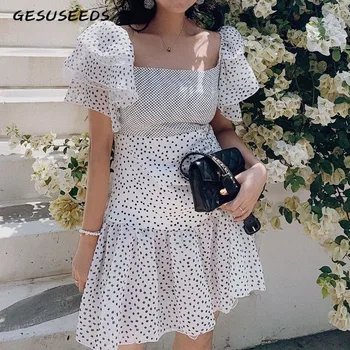 

White black sexy ruffle dress beach mini dress polka dot ruched dress elegant vintage short Summer dresses