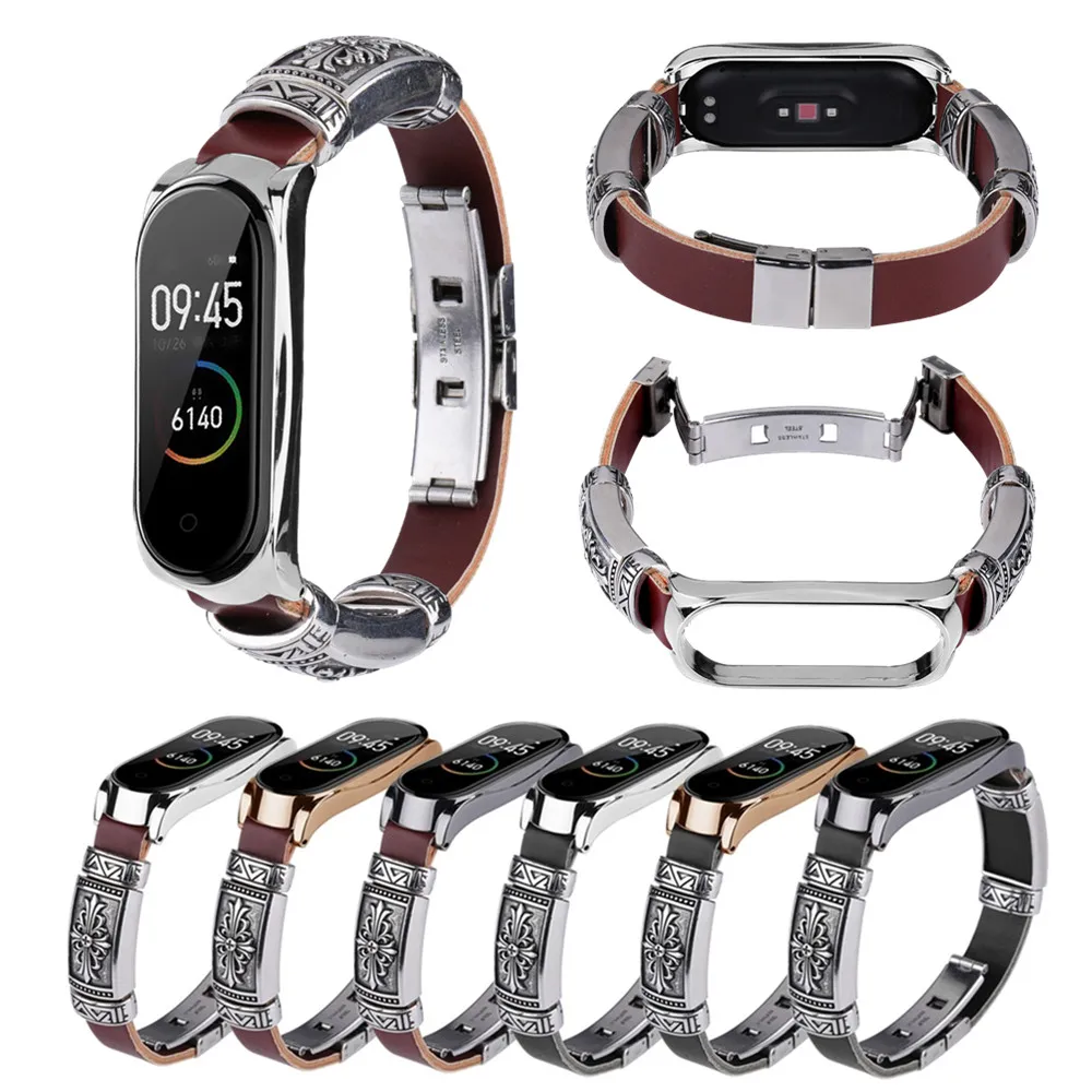 Ремешок для Xiaomi Mi Band 4 и 5 металлический кожаный браслет сделай сам / 3 аксессуары