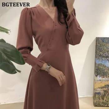 

BGTEEVER Office Ladies Dress V-neck Single-breasted Slim Waist Women Dress Elegant A-line Long Vestidos Femme 2020 Spring