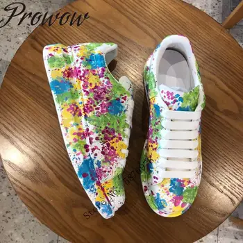 

Prowow New Genuine Graffti Round Toe Lace Up Casual Shoes Luxury Branded Vacation Flats Shoes Women
