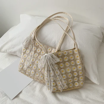 

Women Daisy Flower Handbag Classic Creative Delicate Design Chic Purse Girl Straw Weave Beach Lace Totes Shoulder Bag