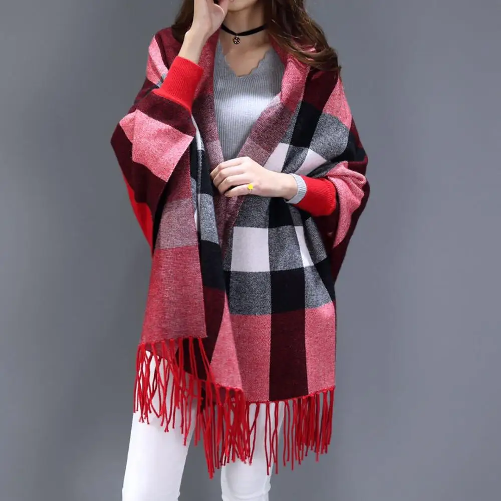 Women Autumn Big Cloak Female Long Sleeves Cape Outside Street Wear Winter Knitted Plaid Cardigan Vintage Tassel Shawl Scarf 130cm new vintage rose scarf for women sunscreen print shawl halsdoek suitable for all occasions sjaals zijde foulards