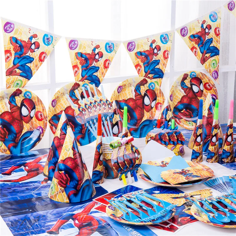 Best Spiderman Theme Boys Party Supplies Disposable Tableware Paper Cup Plates Napkins Banner Tablecloth Baby Shower Family Party