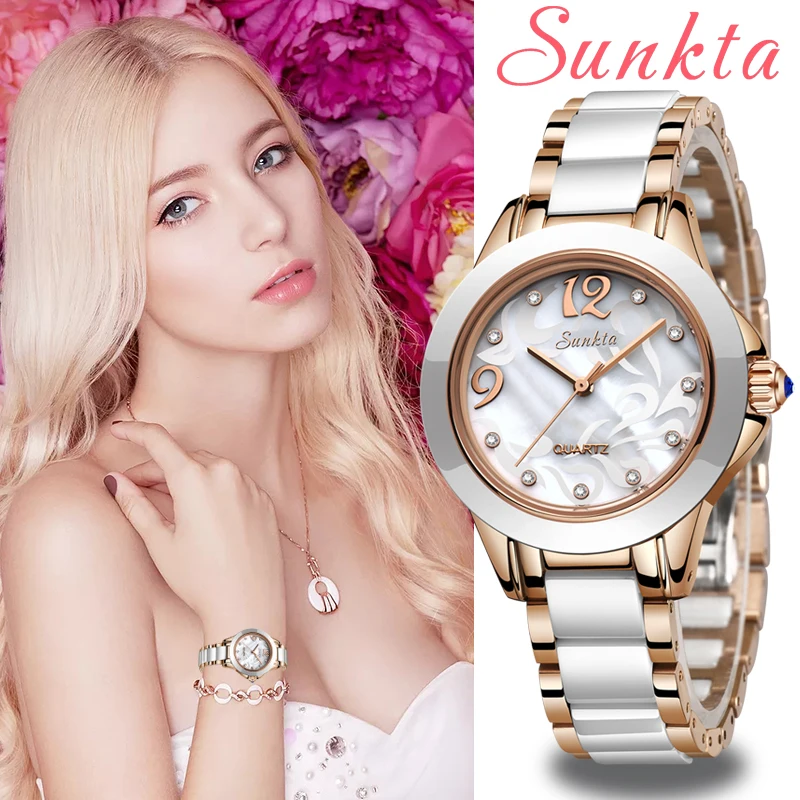 Kopen SUNKTA Luxe Kristal Horloge Vrouwen Gift Waterdicht Rose Goud Dames Horloges Top Merk Armband Klok Relogio Feminin Hot