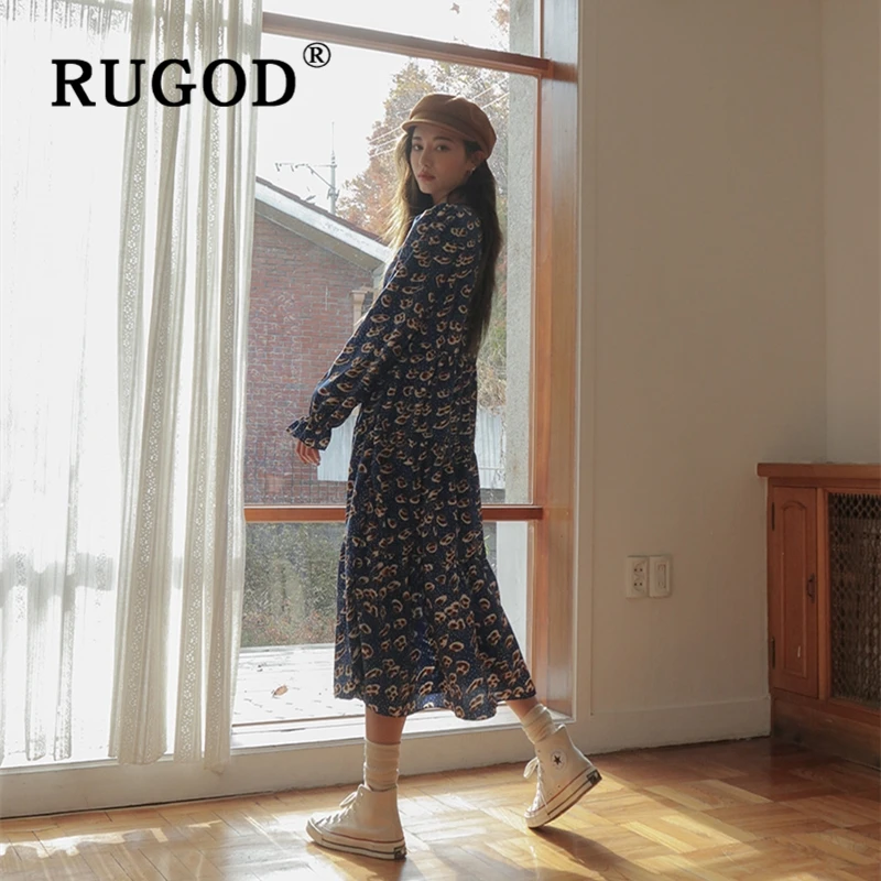 RUGOD корейское шикарное свободное женское платье с принтом Новое весеннее Плиссированное длинное платье макси с v-образным вырезом на шнуровке vestidos модное платье