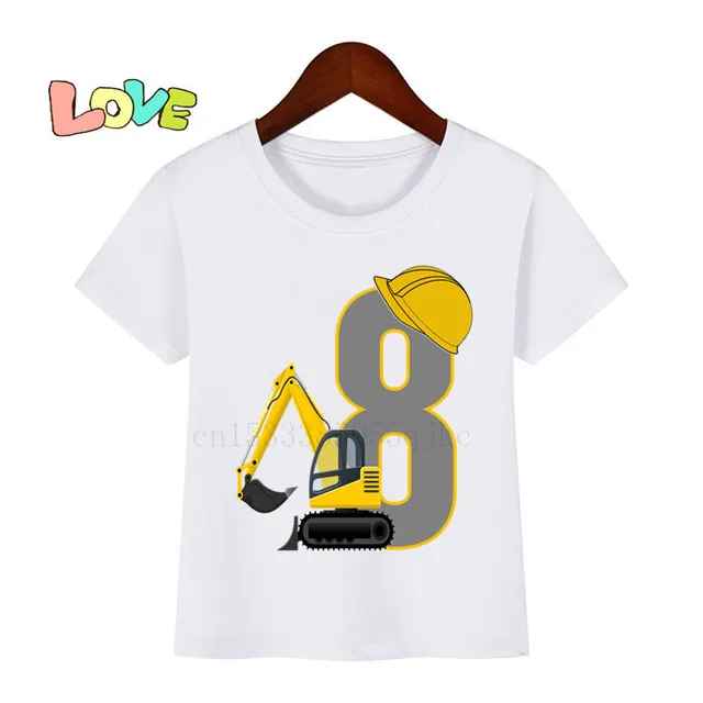 Baby Kids Cartoon Excavator Birthday Number Name Print T Shirt Children Birthday T-shirts Boy&Girl Funny Gift Tshirt Present 8