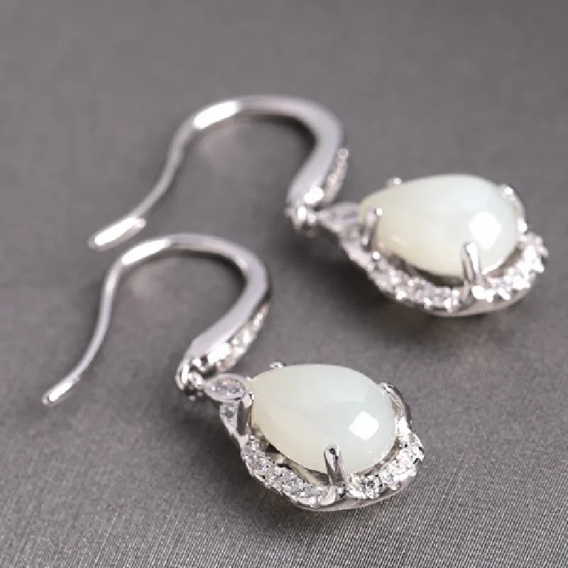 

Natural Water Drop Jade Earrings Female With Certificate Long Earrings 925 Sterling Silver Inlaid Hetian Jade Earrings