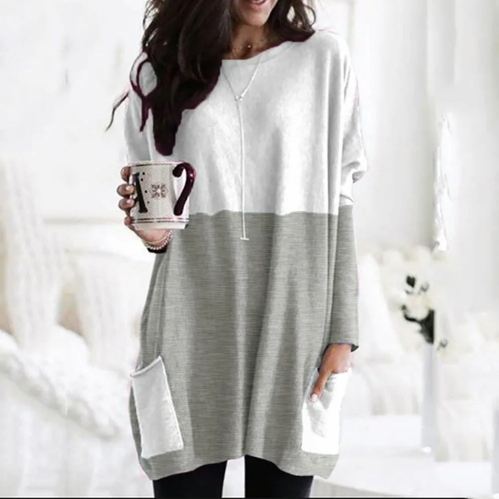 Туника, блузка, 5xl, для женщин размера плюс, Осень-зима, женские блузки с длинным рукавом, свободный карман, Повседневный пуловер, рубашки, большие стильные блузки