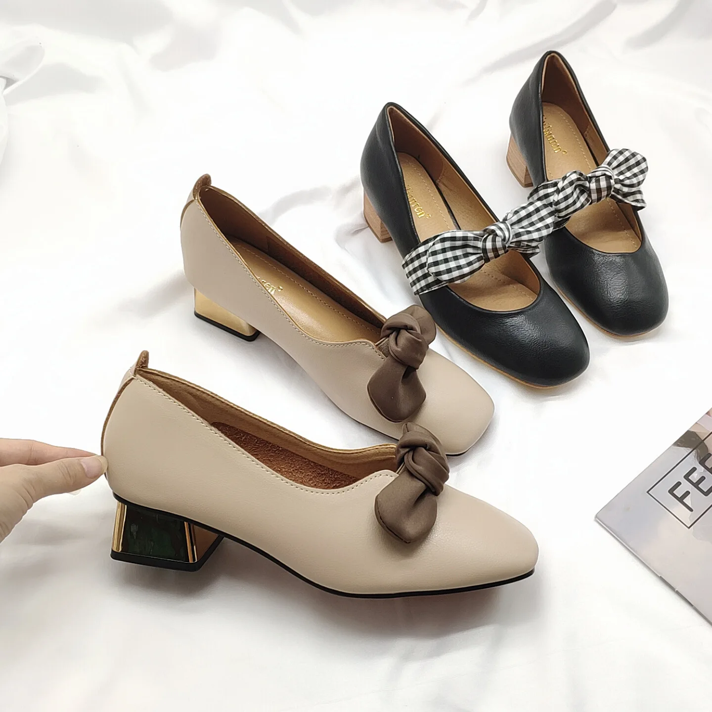 

2019 New Style Retro Shoes Korean-style Chunky-Heel Bow Grandma Shoes Size Code WOMEN'S Shoes