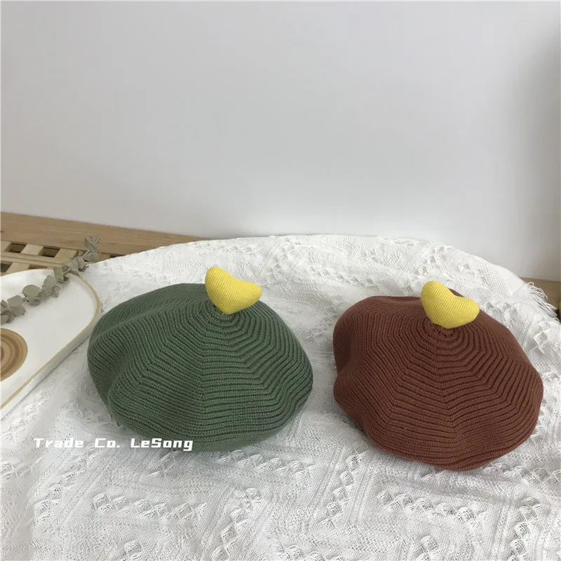 Korean Style Three Dimensional Love Children's Knitted Beret Hat Autumn Winter Baby Pumpkin Hat Artist Painter Woolen Cap
