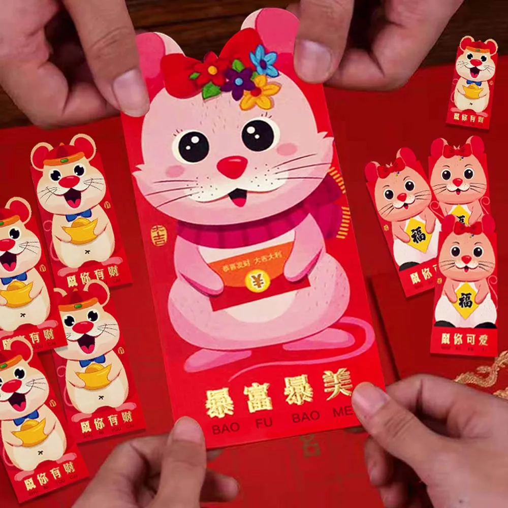 Besegad, 18 шт., Мультяшные,, китайские, лунные крысы, год, Hongbao, красные, счастливые конверты, Весенний фестиваль, Hong Bao, счастливые пакеты для денег