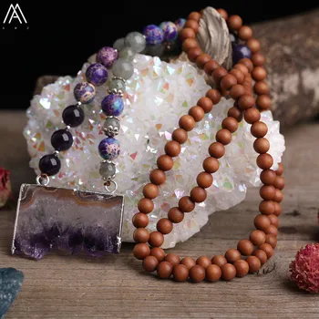 

Natural Amethysts Quartz Slab Beads Pendant 6mm Round Labradorite Fragrant Wooden Prayer Beads Cord Knotted Mala Necklace
