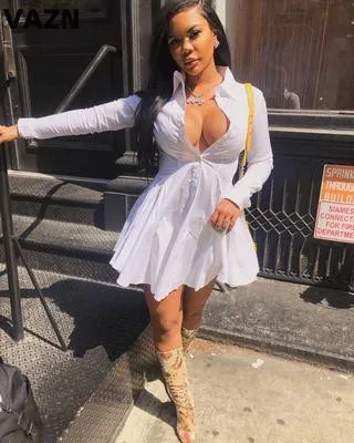

VAZN OD8311New High-end Sexy Fresh Untidy Wind Chiffon Polo Neck Full Sleeve Straight Women High Waist A-Line Mini Dress