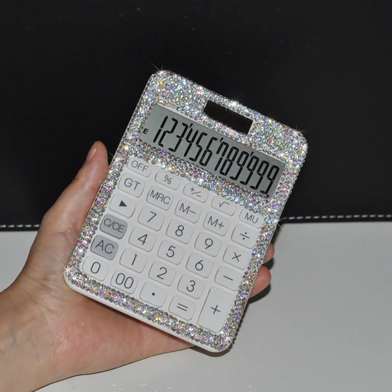 Shiny Ultra-thin Portable Diamond Calculator Mini Women Cute Crystal Plastic 12 Digit Dual Power Solar Office Business Supplies 2