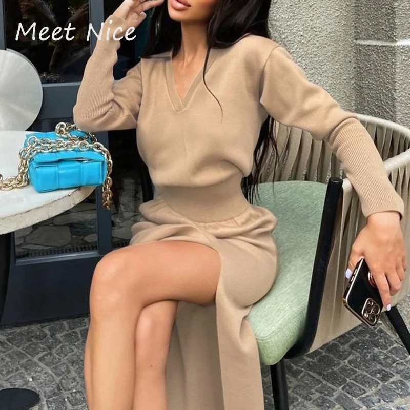 

Fashion Knitting Long Dress for Woman Fall Winter Long Sleeve Side Split Slim Sweater Dress Streetwear Knitwear Women Dresses