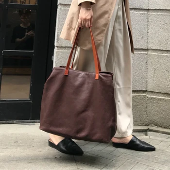 

XHTY leather large tote bag women's retro vegetable tanned layer leather small trumpet high-end texture three-layer