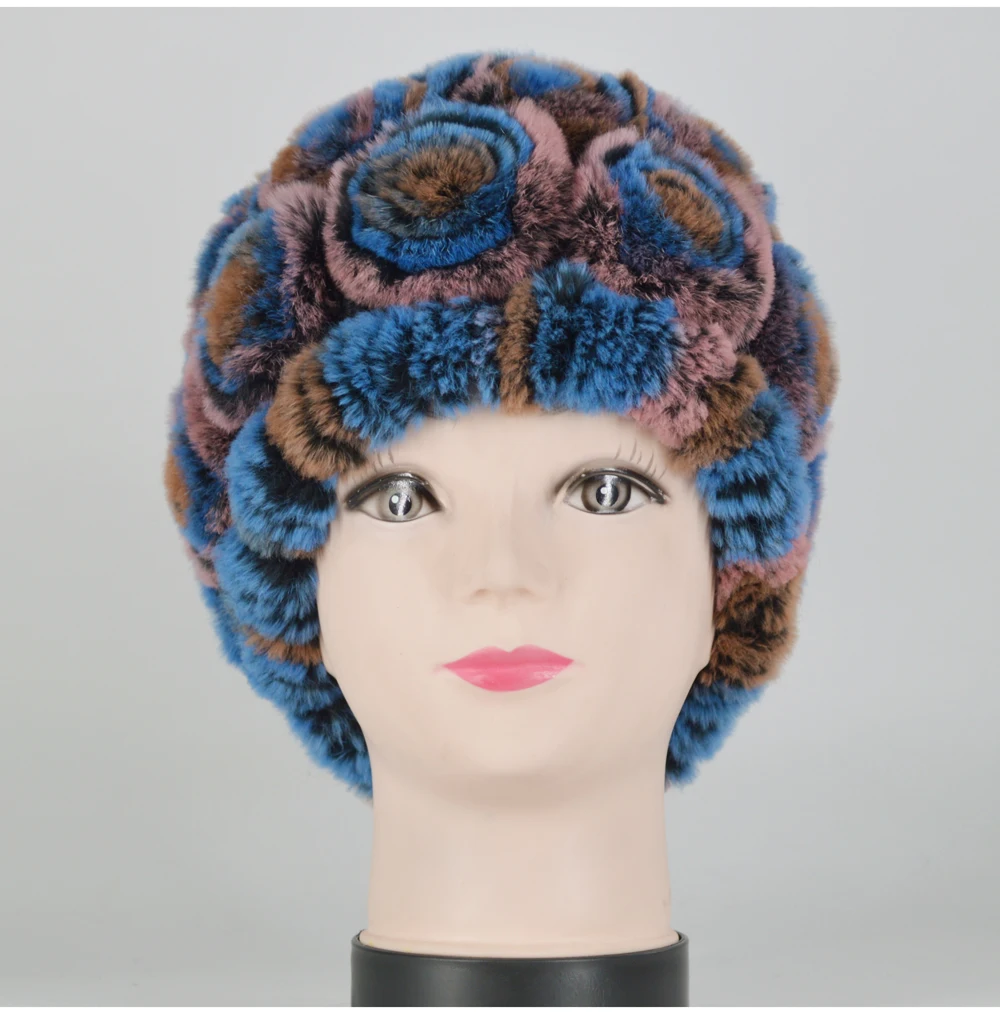 Winter Rex Rabbit Fur Hat Women Knitted Natural Rex Rabbit Fur Flowers Beanies Hats Warm Soft Real Rex Rabbit Fur Caps