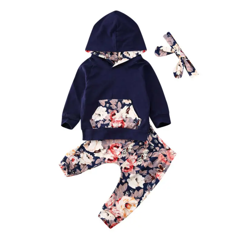 

2020 New Fall Autumn 0-24M Infant Baby Girls 3Pcs Set Hooded Floral Print Front Pocket Top+Pants+Headband Toddler Outfit Clothes