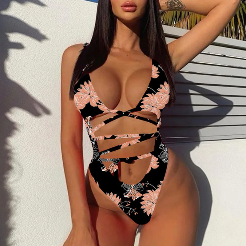 Motina Julia, цветочный принт, Бандажное боди, для женщин, boho, пляжная одежда, для женщин, с вырезами, бикини