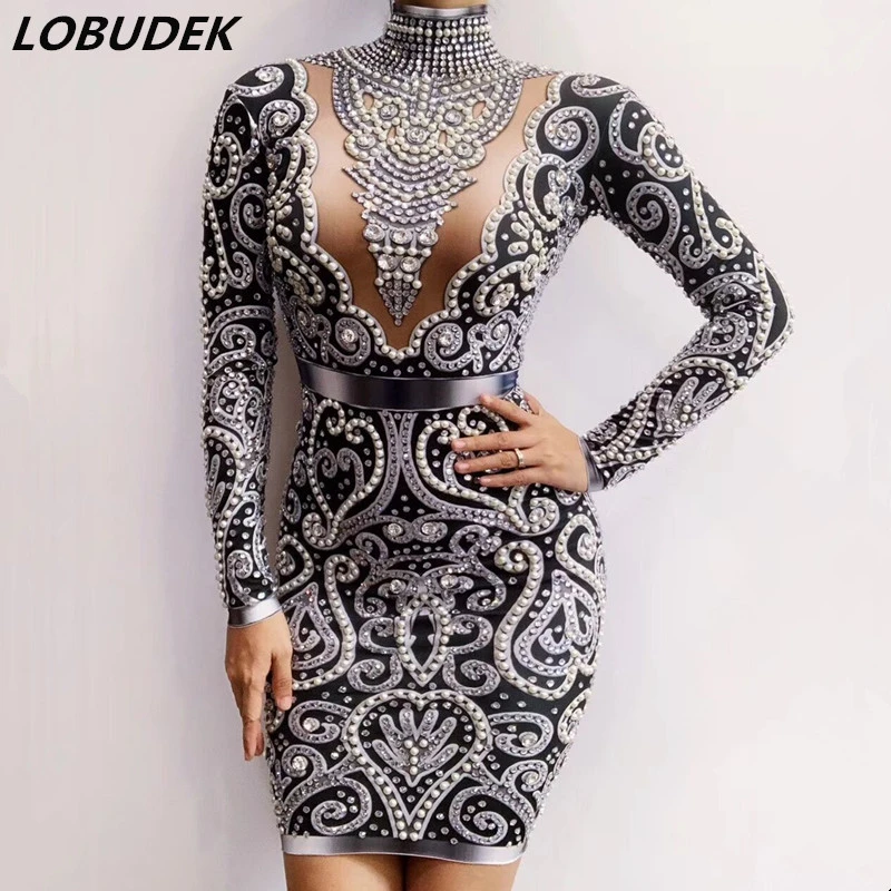 3 Colors Rhinestones Pearl Dress Women Birthday Prom Celebration One Piece Dress Nightclub Singer Host Luxurious Stage Costume Dresses Aliexpress